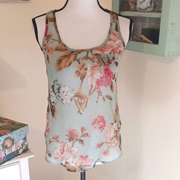 Wet Seal Blue and Pink Fitted Sheer Tank Top, Floral. Racer Back - Picture 1 of 8